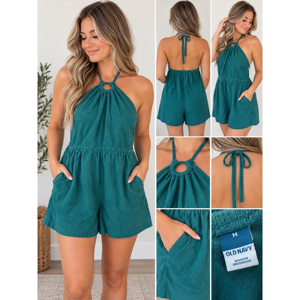 Old Navy Womens Teal Green Halter Neck Ring Detail Textured Romper Size Medium